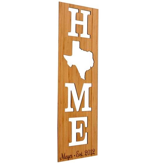 Custom Bamboo Sign With Cutout Of The Word Home And Unique State In Place Of The Letter O And Engraved With Name And Date
