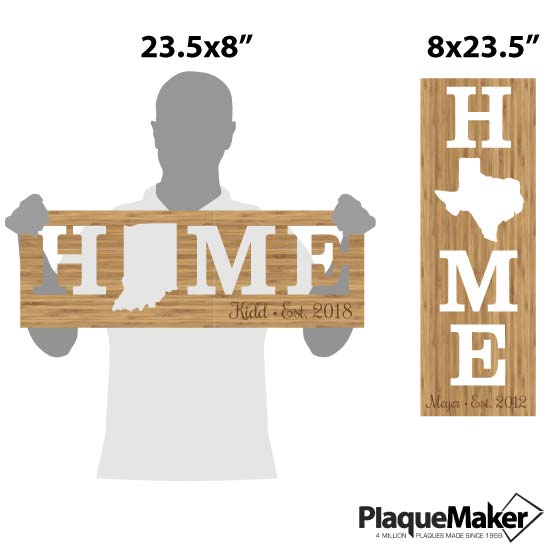 Size Guide Of Custom Bamboo Sign With Home State Cutout Design In Portrait Beside Blank Figure Holding The Landscape Option