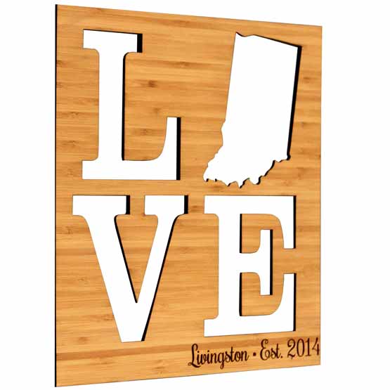 Custom Rectangle Bamboo Sign With Cutout Of The Word Love Featuring Unique State Shape For Letter O And Engraved With Name