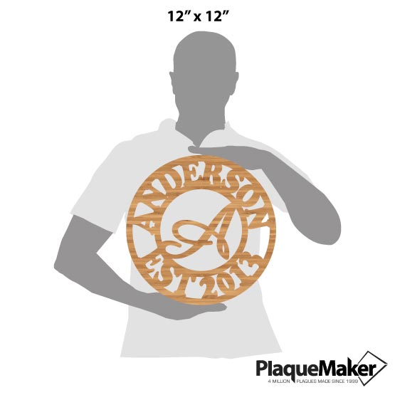 Size Guide With Blank Figure Holding Custom Circle Shaped Bamboo Sign With Cutouts Of Family Name And Monogram And Date