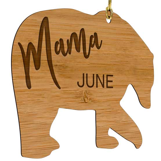 Custom Bear Shaped Bamboo Ornament With Gold String And Laser Engraved With Mama Text And Unique Name