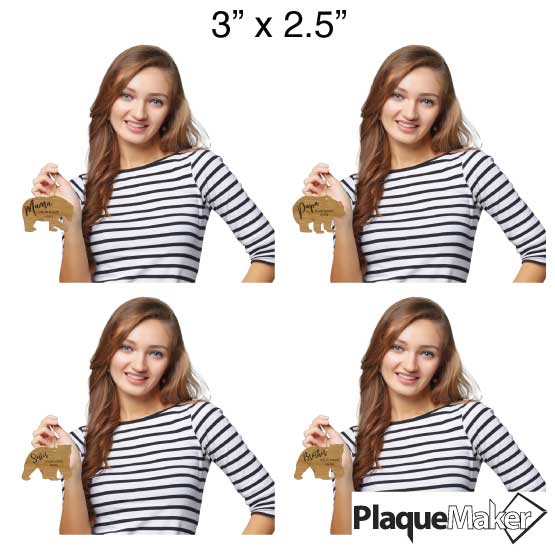 Size Guide With Happy Woman Holding Four Sizes Of Bear Shaped Bamboo Ornament With Family Member Title Options