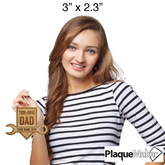 Size Guide With Happy Woman Holding Custom Wrench On Sign Shaped Bamboo Ornament Engraved With Tool-Riffic Dad Text