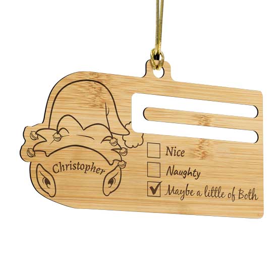 Custom Bamboo Money Holder Ornament With String And Elf Hat Art And Laser Engraved With Name And Naughty Or Nice Checklist