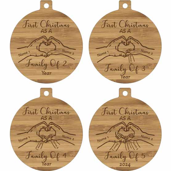 Four Samples Of Custom Circle Bamboo Ornament With String And First Christmas Text And Hands Making Heart Art And Names