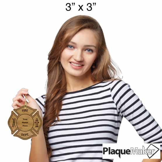 Size Guide With Happy Woman Holding Custom Maltese Cross Bamboo Ornament With Gold String And Fire Department Text And Art