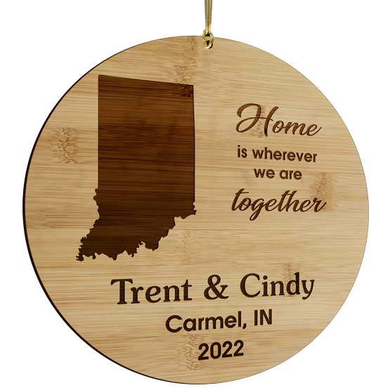 Custom Circle Bamboo Ornament With Gold String And Laser Engraved With State And Romantic Home Message And Couple Names