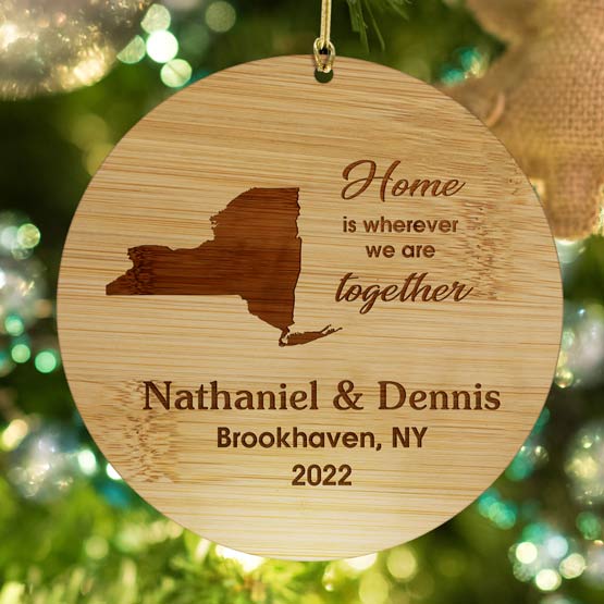 Custom Circle Bamboo Ornament Engraved With State And Romantic Home Message And Couple Names Hanging On Christmas Tree