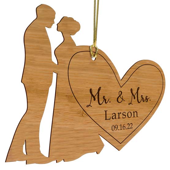 Custom Bamboo Ornament With Couple Cutout On Heart Shape Laser Engraved With Mister And Missus And Name And Date