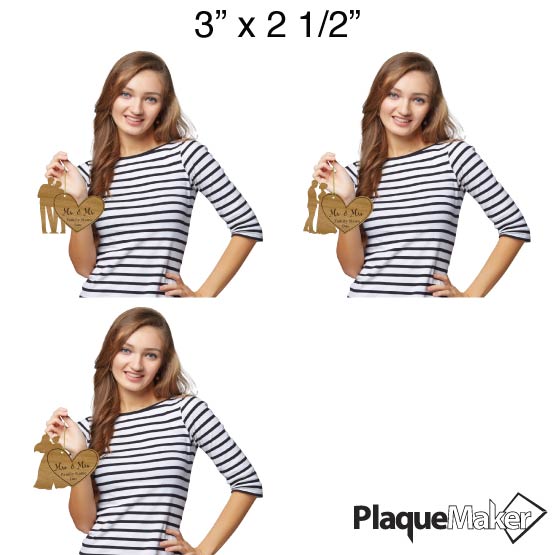 Size Guide With Happy Woman Holding Three Marriage Title Options For Bamboo Ornament With Couple Cutout On Heart Shape