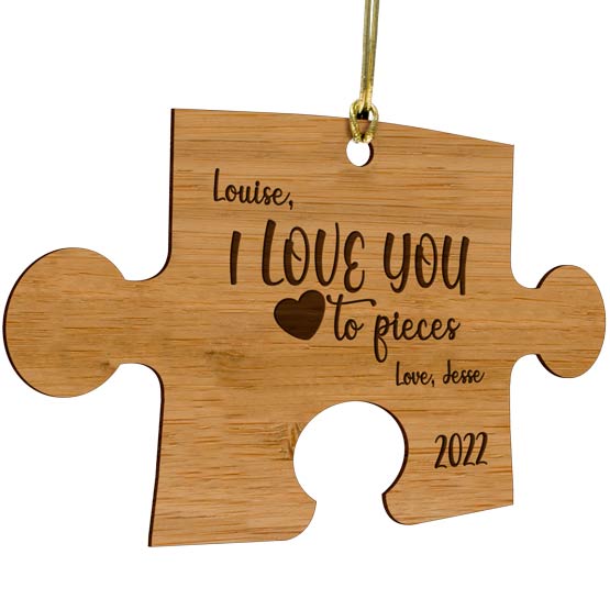 Custom Puzzle Piece Shaped Bamboo Ornament With Gold String And Engraved With I Love You To Pieces And Couple Names And Date
