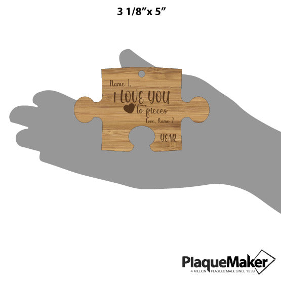 Size Guide With Blank Hand Holding Puzzle Piece Bamboo Ornament With I Love You To Pieces Text And Showing Customizable Areas