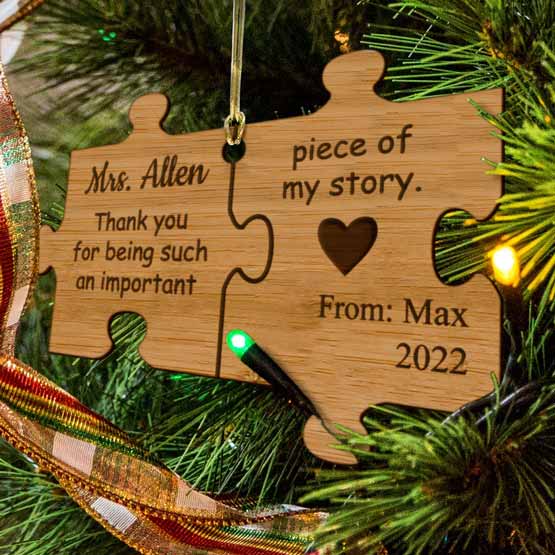 Custom Puzzle Piece Bamboo Ornament With Teacher Appreciation Message And Name Hanging On Christmas Tree Via Gold String