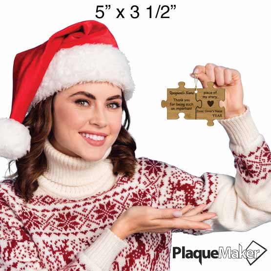Size Guide With Festive Woman Holding Custom Puzzle Piece Bamboo Ornament With Teacher Appreciation Message Via Gold String