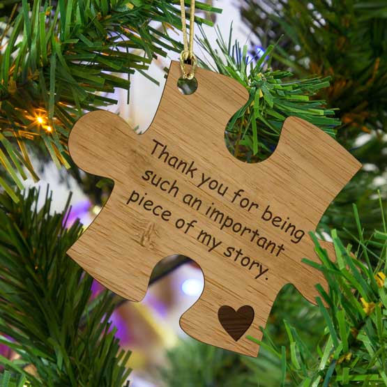 Custom Puzzle Piece Bamboo Ornament Engraved With Heart And Piece Of My Story Teacher Appreciation Message On Christmas Tree