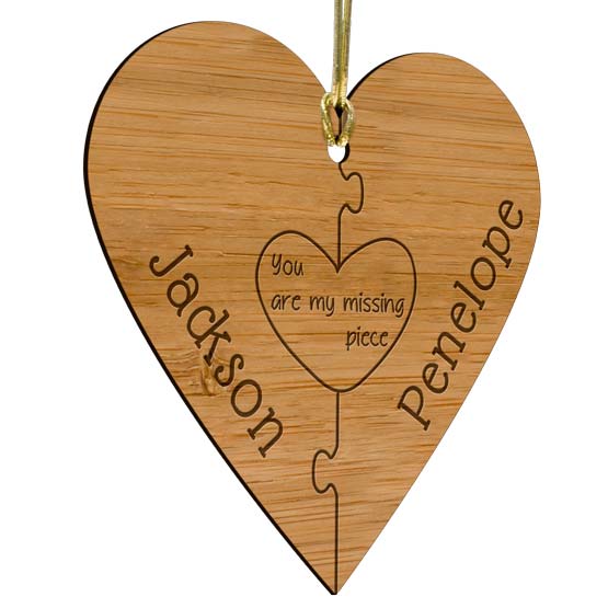 Custom Heart Bamboo Ornament With Gold String And Laser Engraved With Puzzle Piece Artwork And Couple Names