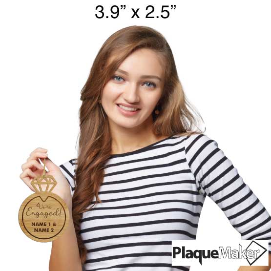 Size Guide With Happy Woman Holding Custom Engagement Ring Shaped Bamboo Ornament With Couple Names Via Gold String