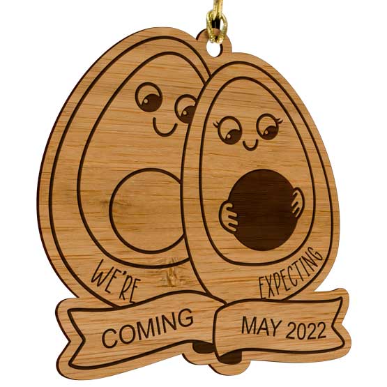 Custom Bamboo Ornament Laser Engraved With Avocado Parents And Baby Art And We’re Expecting Message And Date