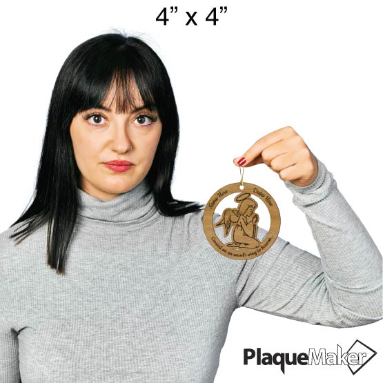 Size Guide With Woman Holding Custom Circle Bamboo Ornament With Angel Cutout And Art And Memorial Text With Name And Dates