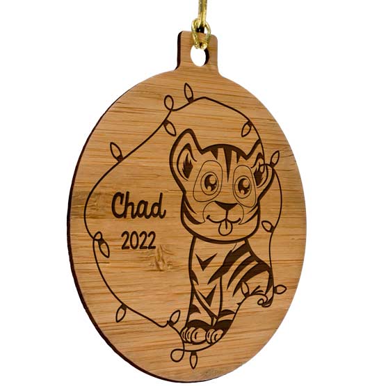 Custom Circle Bamboo Ornament With Gold String And Laser Engraved With Cute Animal Artwork And Kids Name And Christmas Lights
