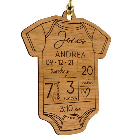 Custom Onesie Shaped Bamboo Ornament With Gold String And Laser Engraved With Baby Name And Birth Details