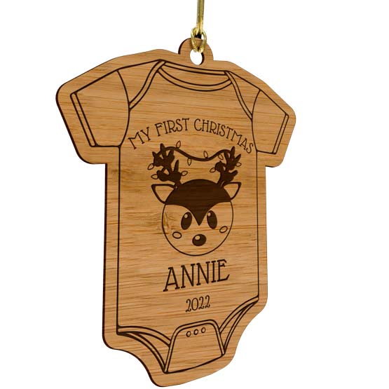 Custom Onesie Shaped Bamboo Ornament With Gold String And Engraved With My First Christmas And Cute Reindeer Art And Date