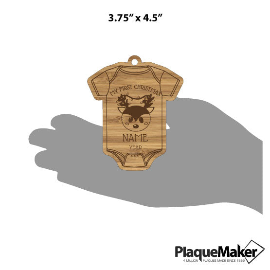 Size Guide With Blank Hand Holding Onesie Shaped Bamboo Ornament With My First Christmas Text And Showing Customizable Areas