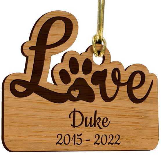 Custom Memorial Bamboo Ornament With Gold String And Engraved With Paw Print Inside Love Text And Dog Name And Years Lived