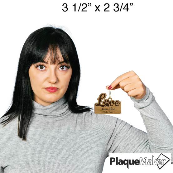 Size Guide With Woman Holding Memorial Bamboo Ornament Engraved With Love Text And Paw Print And Showing Customizable Areas