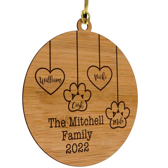 Custom Circle Bamboo Ornament With Gold String And Engraved With Family Names And Hearts And Paw Prints And Year