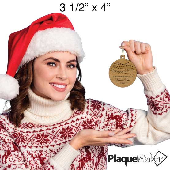 Size Guide With Festive Woman Holding Circle Bamboo Ornament Laser Engraved With Christmas Lights And Newlywed Christmas Text