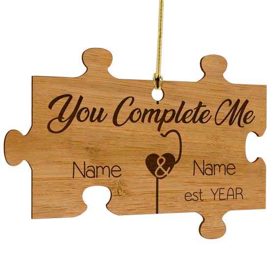 Custom Puzzle Piece Bamboo Ornament With Gold String And Laser Engraved With You Complete Me And Showing Customizable Areas