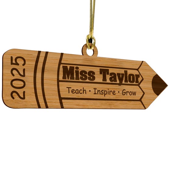 Custom Pencil Shaped Bamboo Ornament With Gold String And Laser Engraved With Name And Date And Teaching Terms