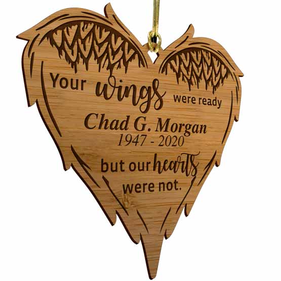 Custom Heart Shaped Bamboo Ornament With Gold String And Engraved With Angel Wing Art And Memorial Message And Name And Date