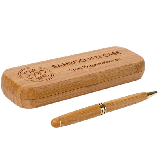 Custom Bamboo Pen Case With Sample Engravings To Show Customizable Areas Sitting Beside A Matching Bamboo Pen