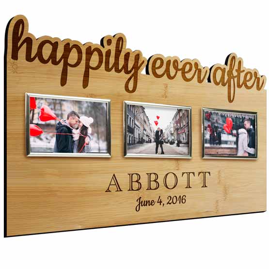 Custom Bamboo Sign With Three Silver Picture Frames And Laser Engraved With Happily Ever After Text And Family Name And Date