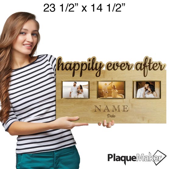 Size Guide With Woman Holding Bamboo Sign Featuring Three Photo Frames And Happily Ever After Engraving And Customizable Area