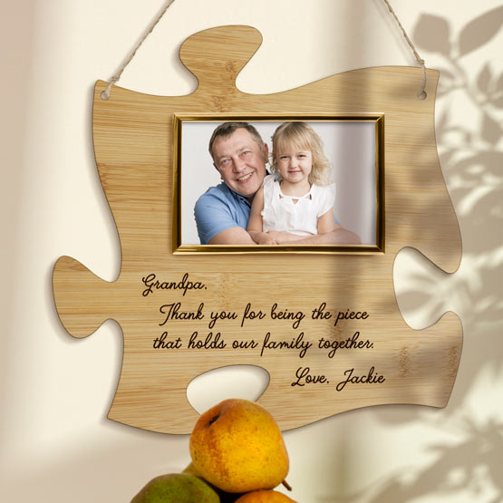 Custom Puzzle Piece Bamboo Sign With Photo Of Girl With Grandpa And Appreciation Message Hanging On Living Room Wall