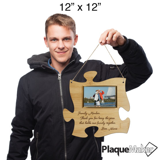 Size Guide With Young Man Holding Puzzle Piece Bamboo Sign With Photo Frame And Appreciation Message And Customizable Areas