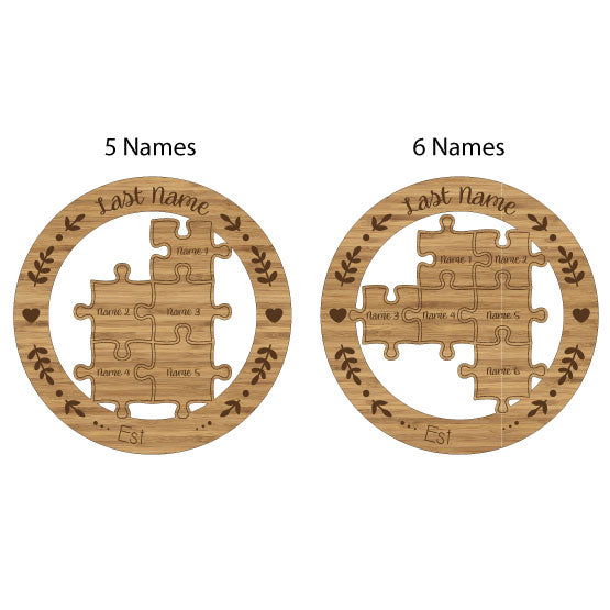 Three Custom Bamboo Signs With Puzzle Piece Cutouts Inside A Circle And Showing Options For Four Or Five Names