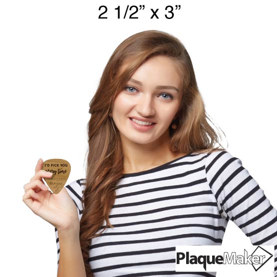 Size Guide With Happy Woman Holding Small Bamboo Sign With Guitar Pick Shape And Engraved With I’d Pick You Every Time