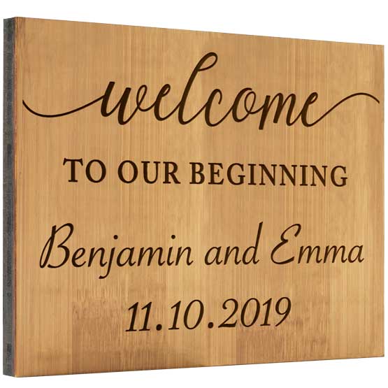 Custom Rectangle Bamboo Sign Laser Engraved With Couple Names And Date And Welcome To Our Beginning Text
