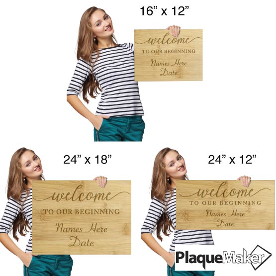 Size Guide With Happy Woman Holding Three Sizes Of Bamboo Sign Engraved With Names And Date And Welcome To Our Beginning Text