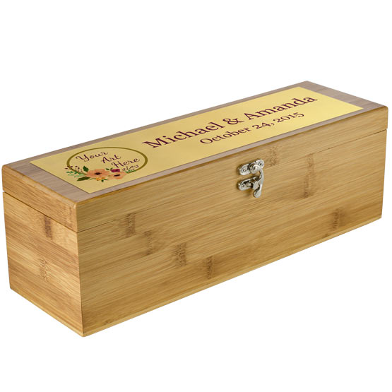 Custom Bamboo Wine Box With Gold Aluminum Plate On Top Featuring Couple Names And Date And Sample Logo Area