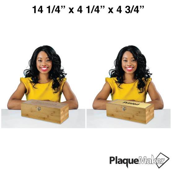 Size Guide With Happy Woman Sitting Behind Custom Bamboo Wine Boxes For Laser Engraved And Printed Plate Options