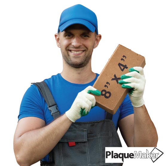 Size Guide With Uniformed Man Holding A Custom Paver Brick Showing Measurements Against A White Background