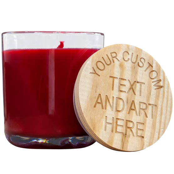 Custom Peppermint Twist Soy Candle With Glass Jar And Circle Wood Lid Showing Customizable Areas For Text And Artwork