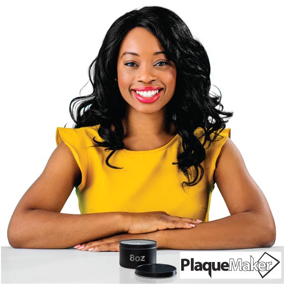 Size Guide With Happy Woman Sitting Behind Custom Eight Ounce Soy Candle With Black Tin Lid And Case