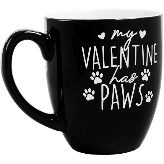 Custom Black Ceramic Bistro Mug Laser Engraved With Hearts And My Valentine Has Paws Text Against A White Background