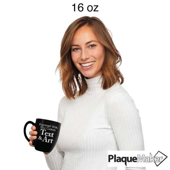 Size Guide With Happy Woman Holding Custom Black Ceramic Bistro Mug Showing Customizable Areas For Text And Art